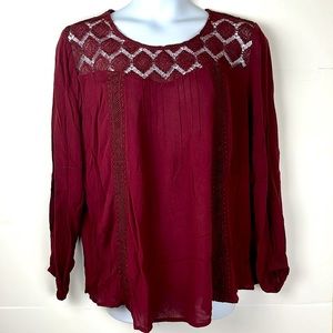 Boho Blouse 3X Burgundy Long Sleeve Rayon Crochet Gauzy Romantic Flowy